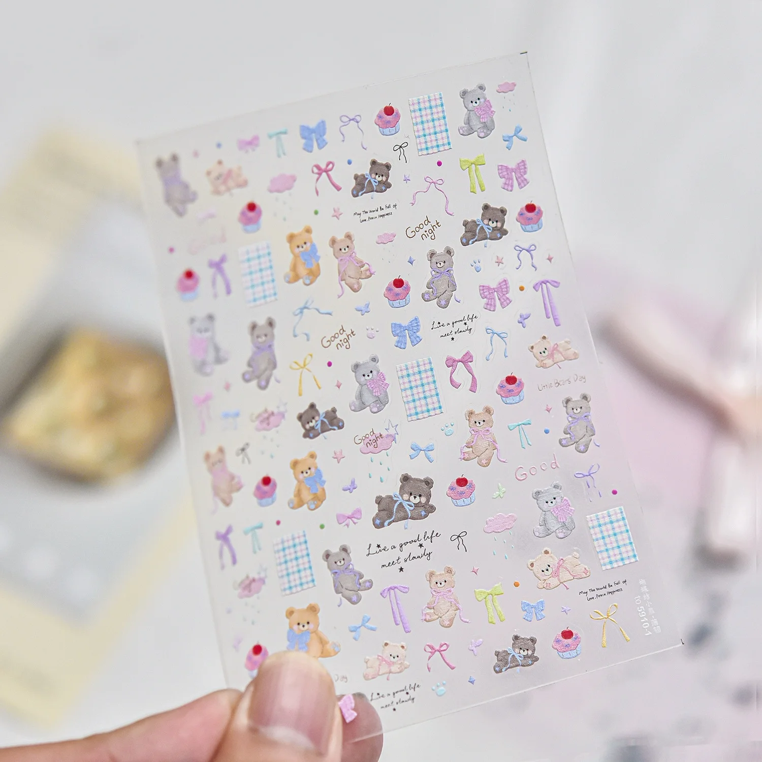 Kawaii Cartoon Bear Bow Cake Plaid Cloud Light Shade 5D Embossed Nail Art Sticker Self‑Adhesive Nail Decals for Girls Women DIY