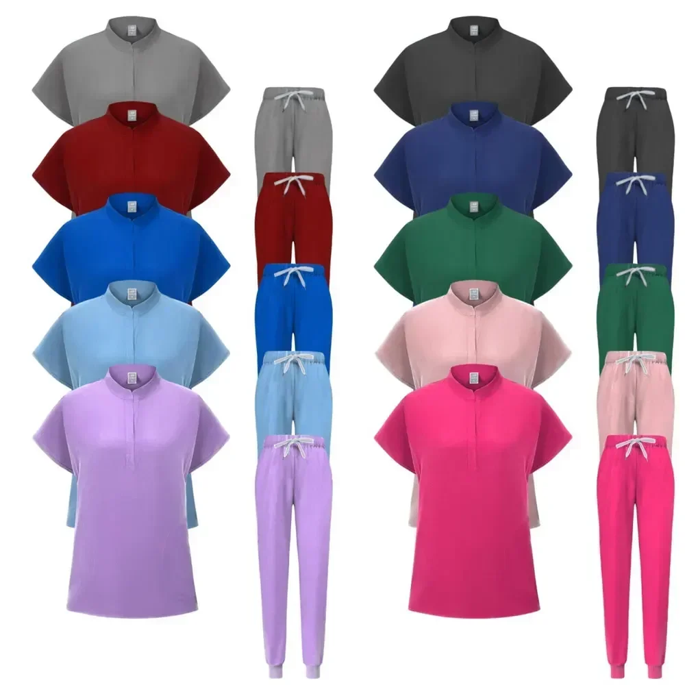 Elestic Nurse Scrubs Set Unisex Medical Uniforms Zipper Stand-up Collar Scrub Tops with Pockets Pants Set Surgery Overalls