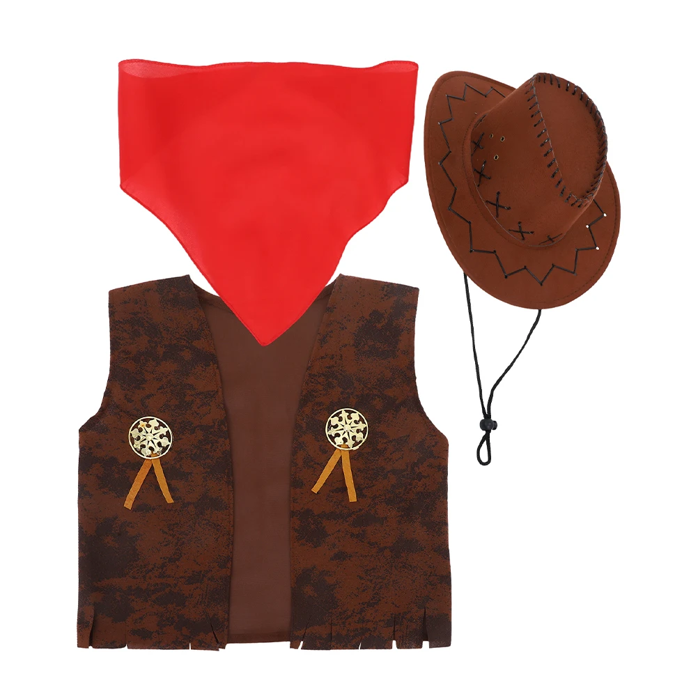

1 Set Kids Western Cowboy Costume Set With Bandanna Hat And Vest - For Halloween Cosplay Party Role Play And Themed Events