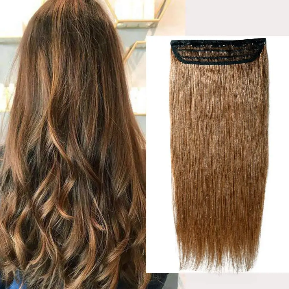 Clip in Hair Extensions One Piece 5 Clips 120g Soft Silky Straight Hair #6 Light Brown  3/4 Full Head Shaped Weft Thicker Hair