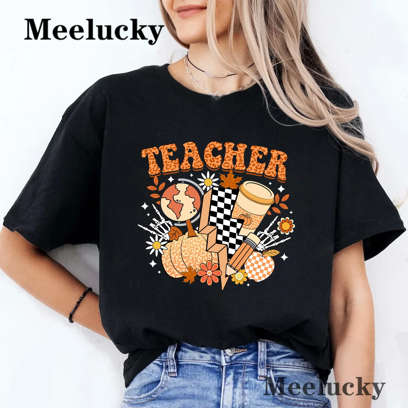 

Fall Teacher Print Womens Short Sleeve Vintage Fashion Casual T-Shirts Leisure Crewneck Breathable Female Clothing