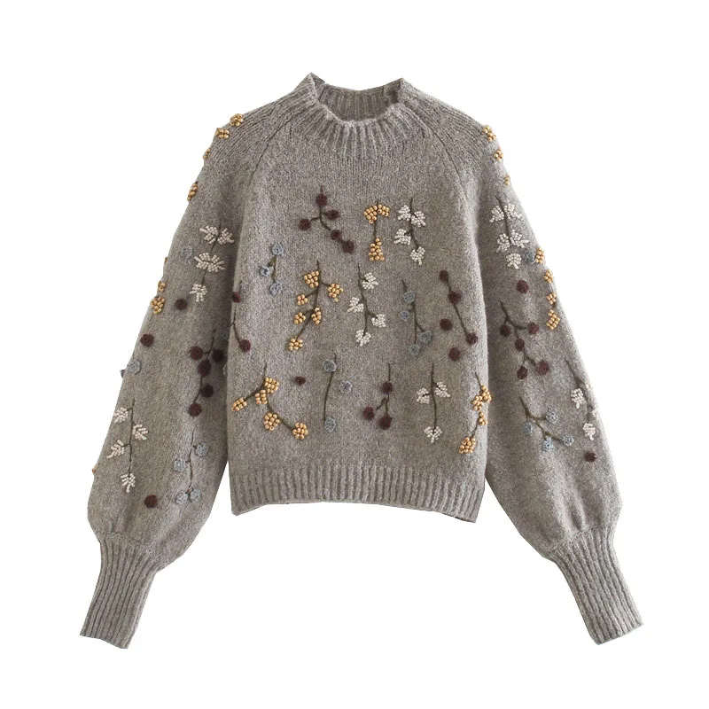 ROENICK Women Fashion Beading Embroidery Sweaters Female Lantern Sleeve Knitted Cropped Tops Vintage Chic Pullover Jumpers