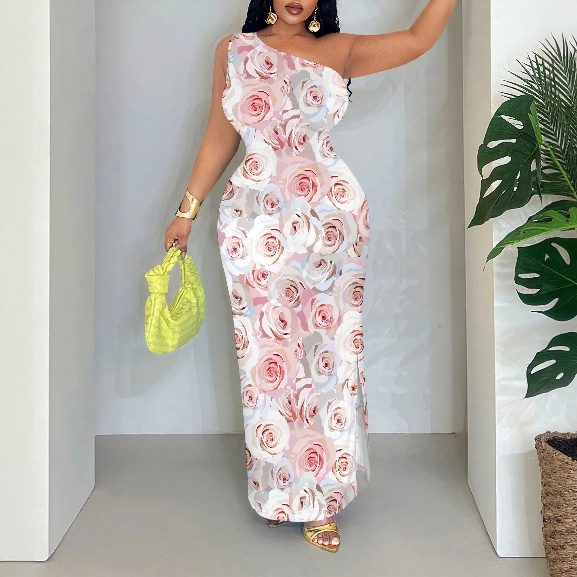 

Rose Print One Shoulder Maxi Dress, Floral Sleeveless Ruffle Evening Gown, Boho Summer Beach Party Outfit for Women S-2XL