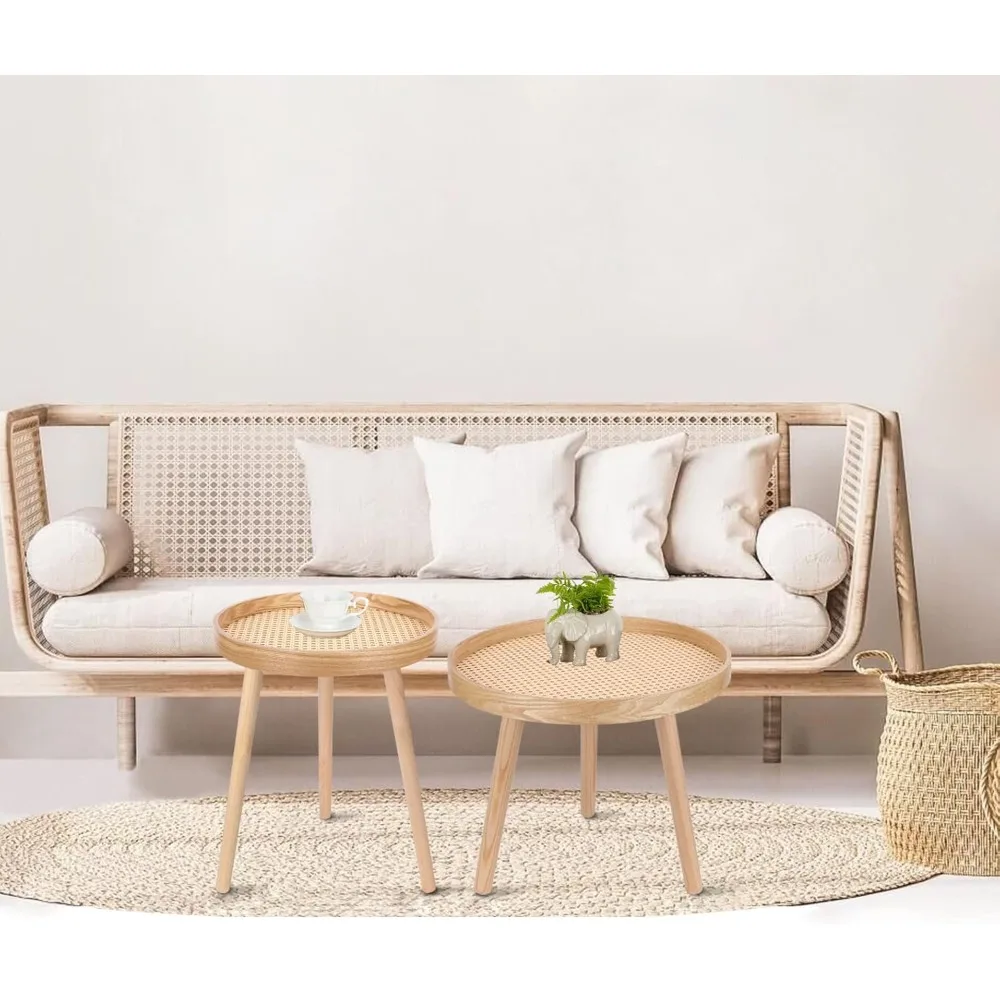

Round Coffee Table Set of 2, Natural Boho Side Table, Small Mid Century Modern Rattan End Tables for Living Room Bedroom Office