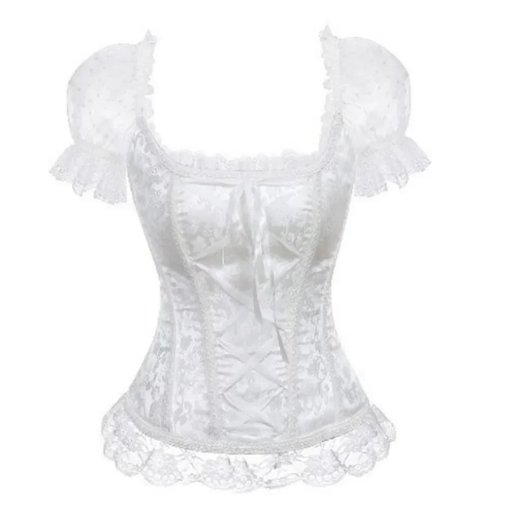 Women Sexy Corset Top Bustier with Short Sleeves Renaissance Plus Size Lace Floral Sexy Costumes Burlesque Red Black White