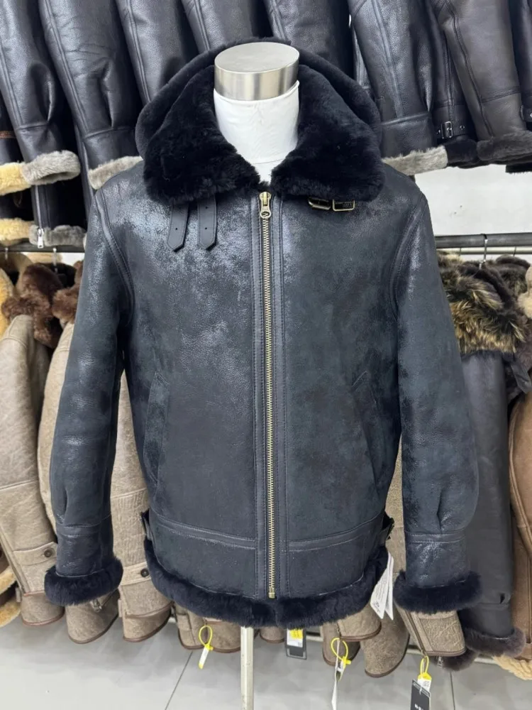 Natural Shearling Overcoat Mens Winter Thick Warm Motorcycle Jacket Vintage Genuine Leather Real Wool Lining Jacket Hooded Coat