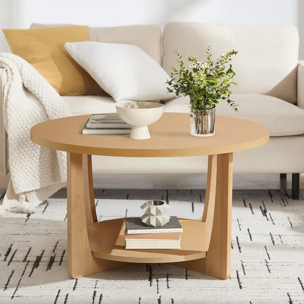 31.5'' Round Coffee Table with Solid Wood Pine Legs, 2-Tier Boho Wood Coffee Table with Storage Shelf, Small Modern Circle Cente