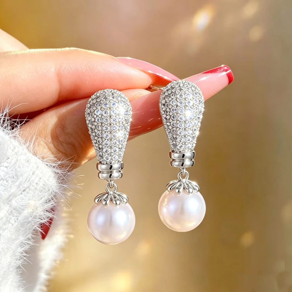 Yupsk 1 Pair Elegant Micropaved Zirconia Round Imitation Pearl Drop Earrings for Women Exquisite Wedding Ear Accessories