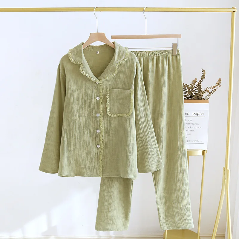 2025 Spring and Autumn New Women's Pajama Set 100%Pure Cotton Crepe Lapel Long sleeved Pants Two piece Set Fresh Loose Home Fury