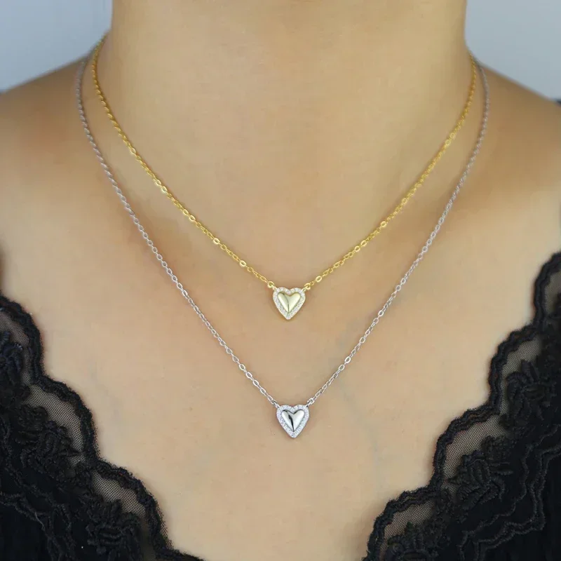 2024 Delicate 925 Sterling Silver Heart Women fashion Jewelry Double Heart Iced Out CZ Paved Around Slippy Heart Necklaces