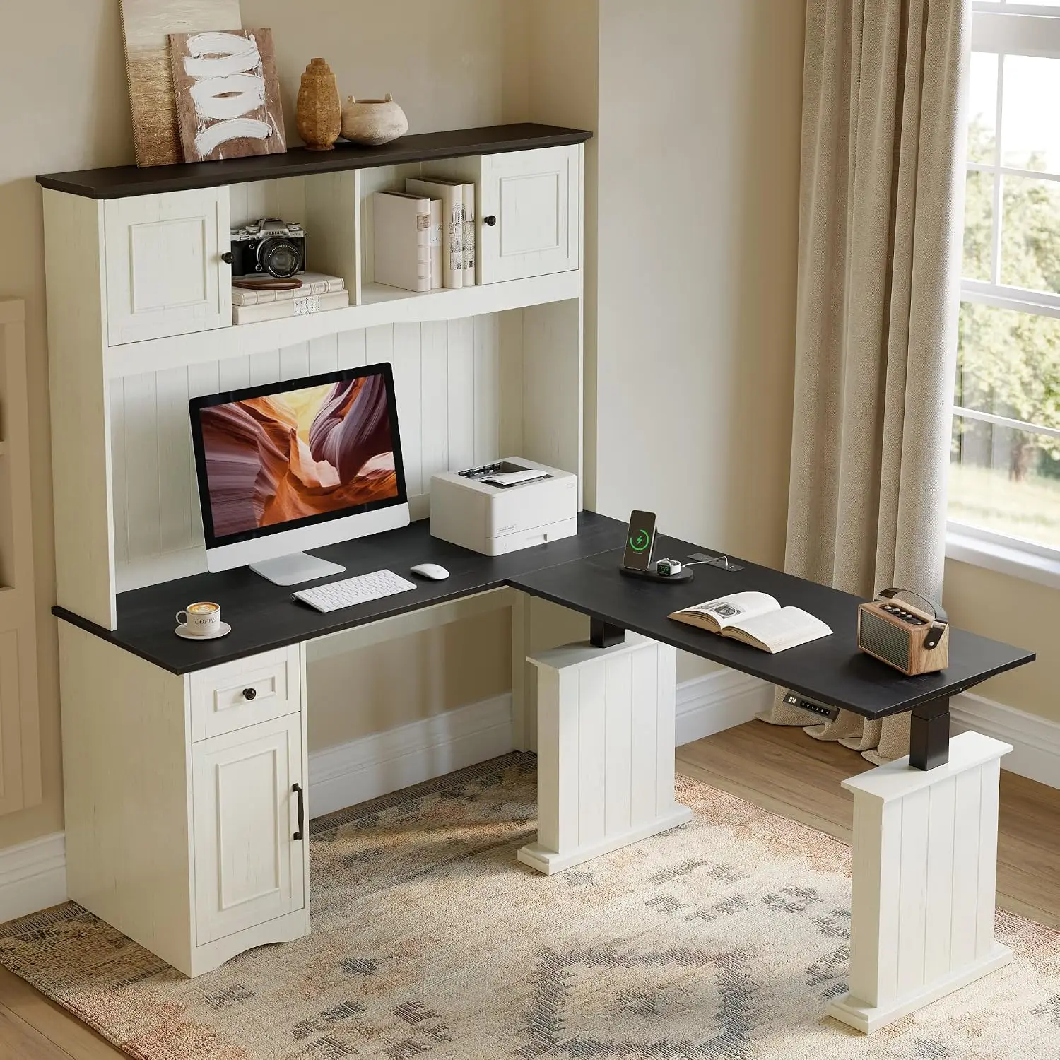 L Shaped Electric Standing Desk with Hutch & Drawers, Height Adjustable Sit Stand Desk with Cabinets, Corner Home Office Desk wi