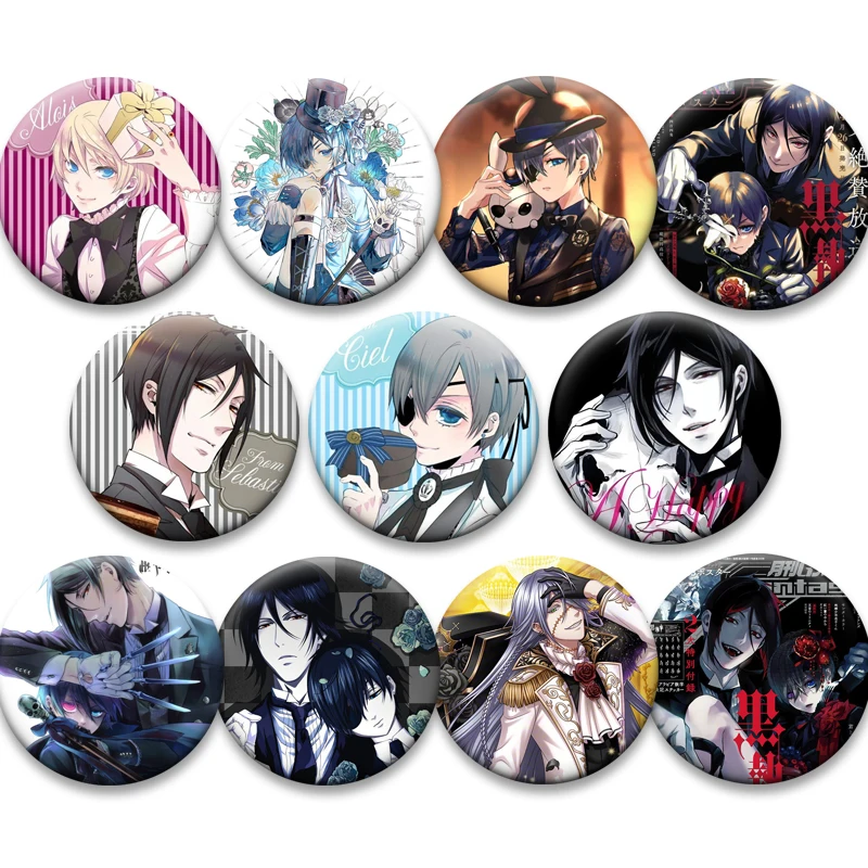 Anime preto mordomo broches figura dos desenhos animados emblema sebastian michaelis ciel phantomhive grell sutcliff ronald knox lapela pinos presente