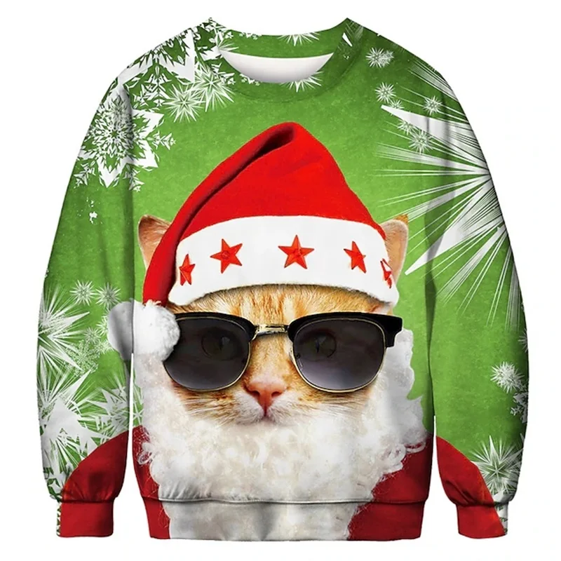 3D Print Funny Cat Christmas Sweatshirt For Men Women Holiday Party Pullover Hoodie Sweatshirt Jumpers Tops Mens Loose Tracksuit