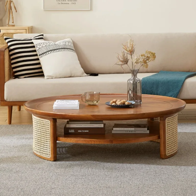 Japanese-style solid wood rattan coffee table low table round living room ins style household simple small apartment practical
