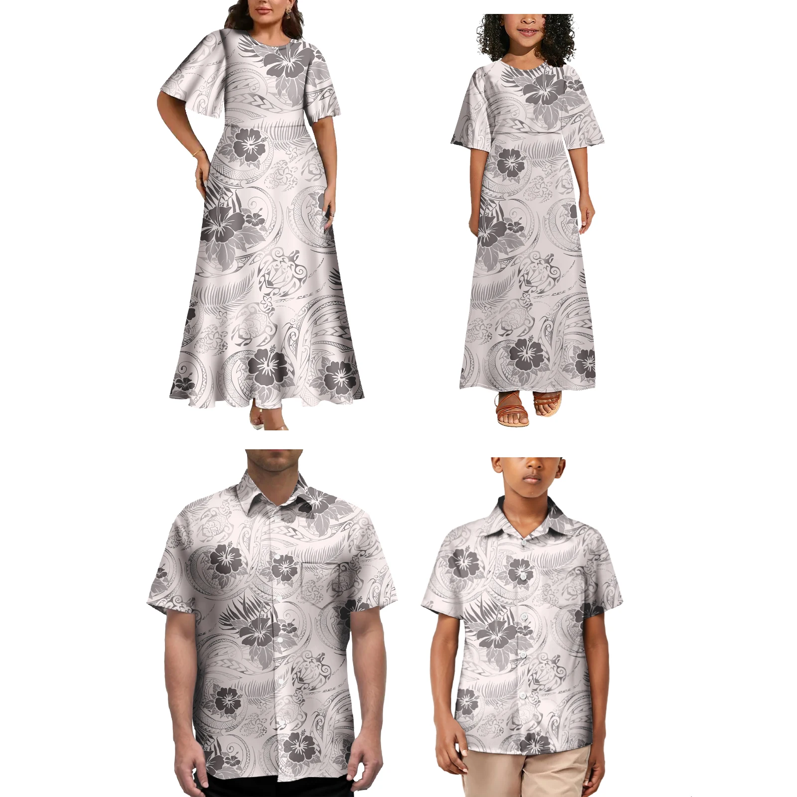 Samoan Art Print Style Holiday Party Family Set Women'S Floor-Length Dress Men'S Shirt Children'S Adult Clothing