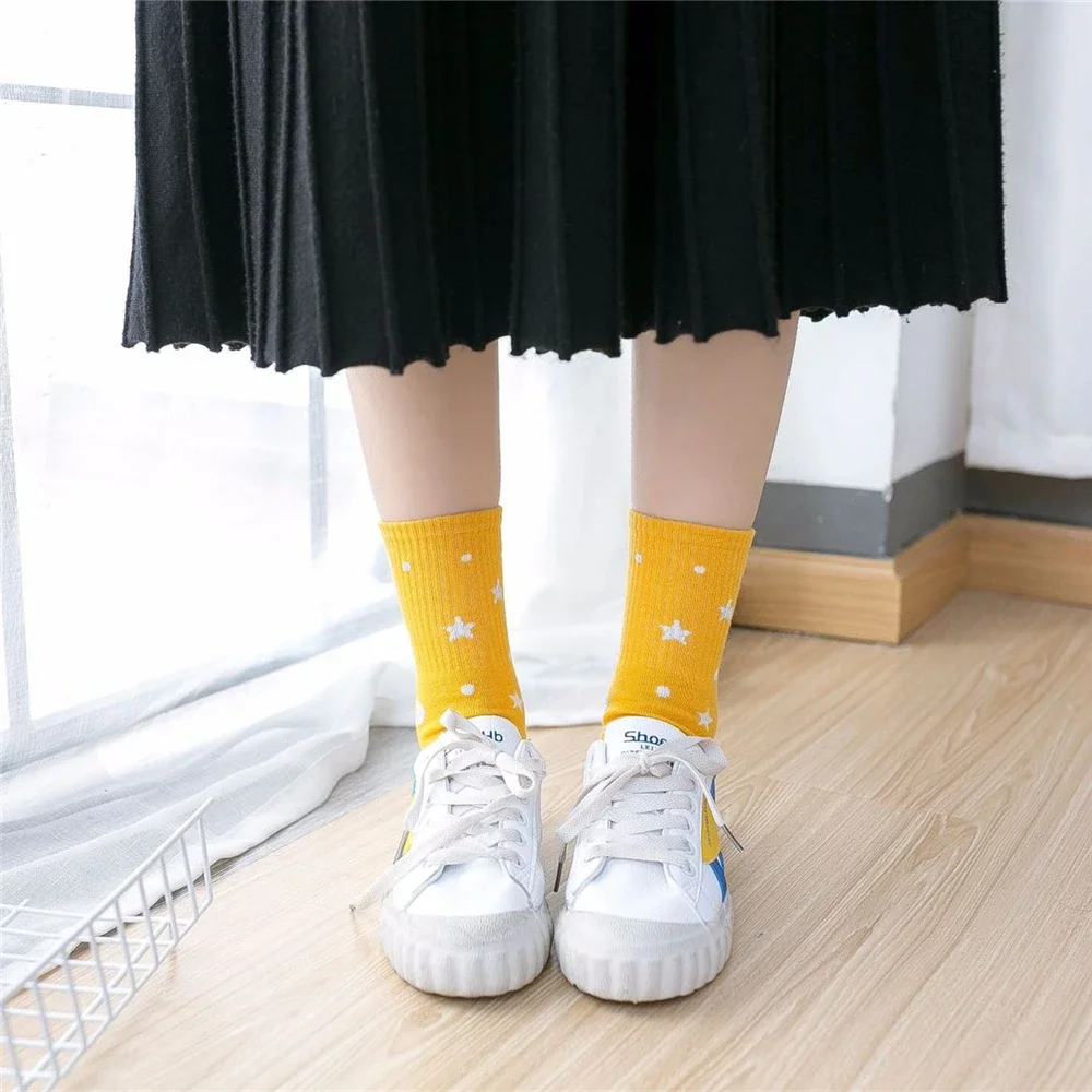 INS Women Funny Stars Moon Cotton Socks Unisex Harajuku Calcetines Tube Sokken Skateboard Street Hip Hop Bright Color Dropship