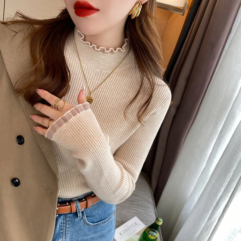 Pull tricoté femmes pulls nouveau à manches longues col à volants tricot pull haut pour femme chandails Sueters De Mujer Q1126