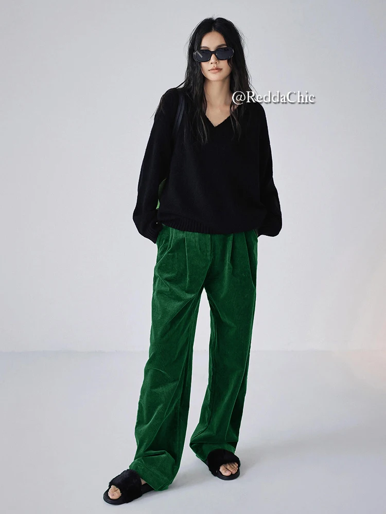 REDDACHiC Xmas Green Vintage Corduroy Pants Women Casual High Waist Wide Leg Striped Trousers Autumn Winter Going Out Streetwear