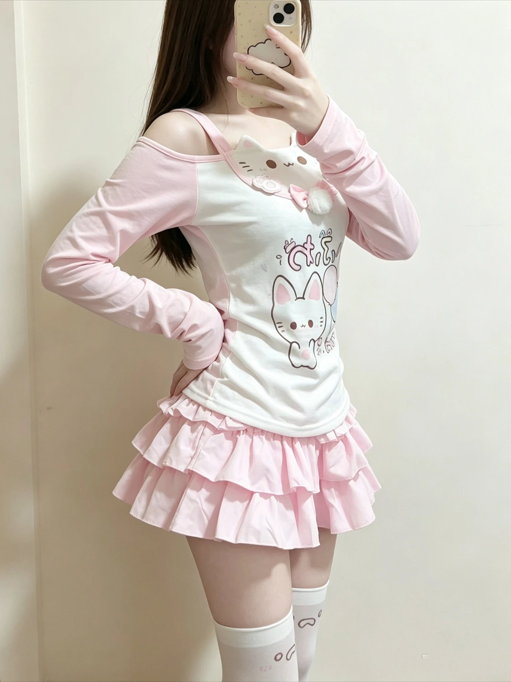 Image of Süße japanische T-Shirts für Damen, rosa Schmetterlings-Patchwork, Spitze, Slash-Neck-T-Shirts, Anime-Print, schulterfrei, niedliche Y2k-Tops