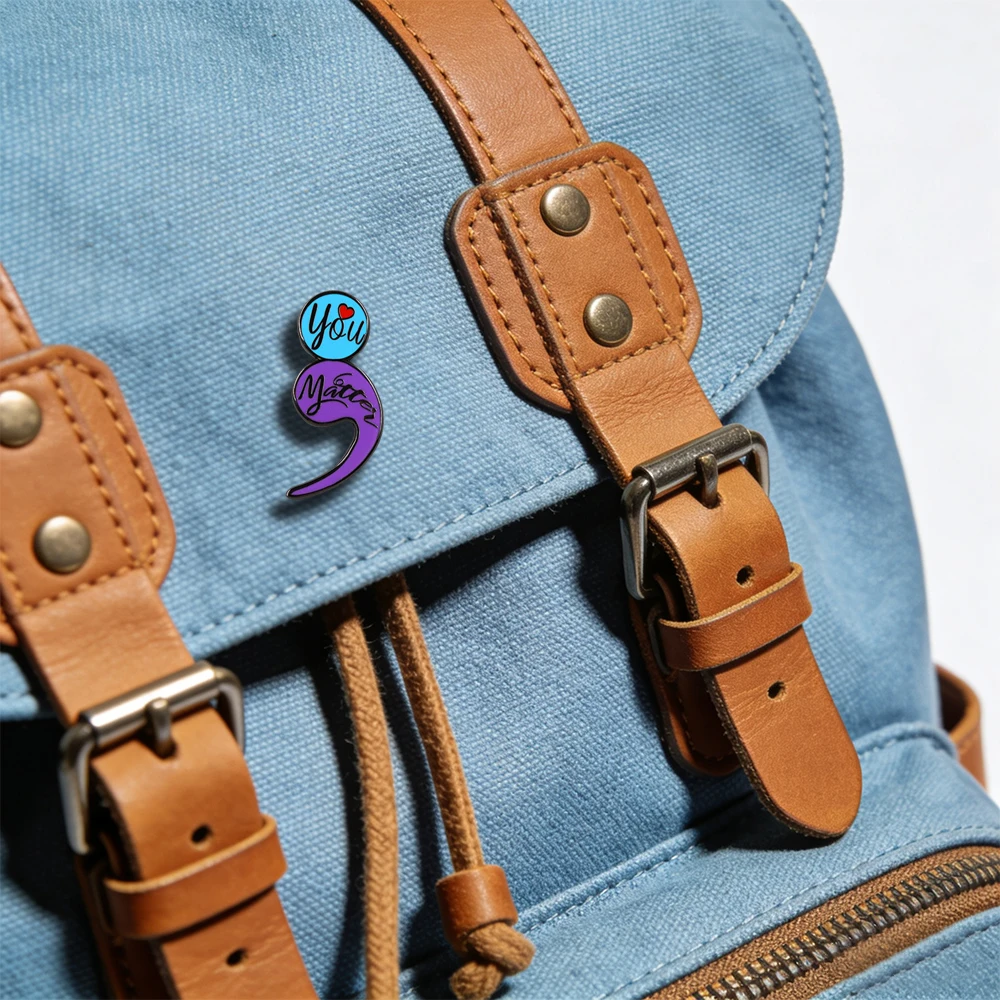 Mental Health Awareness Semicolon Enamel Pin You Matter Heart Brooch Positive Quote Badge Jewelry Gift For Women Men view 4