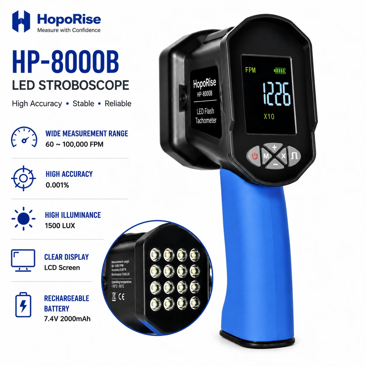 Professional LED Stroboscope Tachometer 60-100K FPM, 1500LUX Digital Flash Speed Meter 0.001% Accuracy for Motor Fan