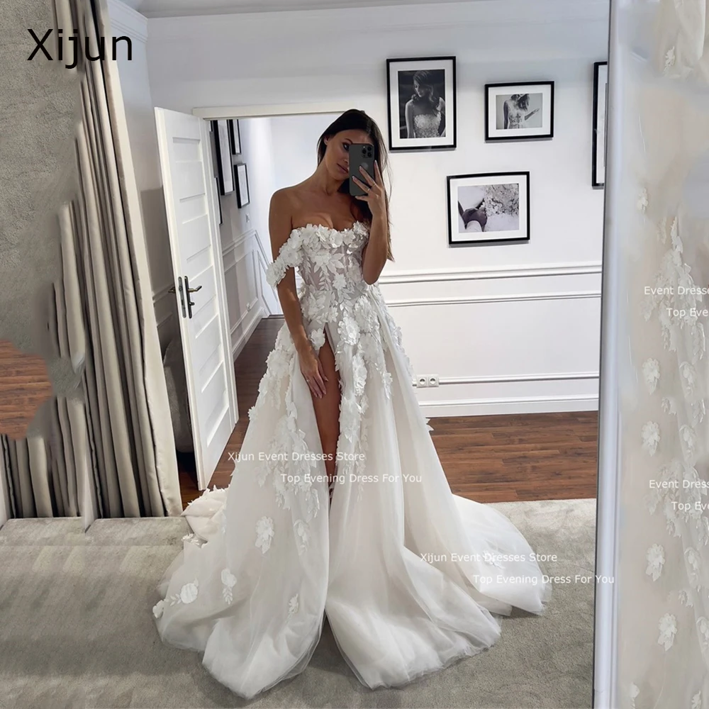 Xijun Princess Long A-Line Wedding Dresses 3D Flowers Appliques Sexy Slit Bridal Gowns Sleeves Off The Shoulder Bride Gown Women