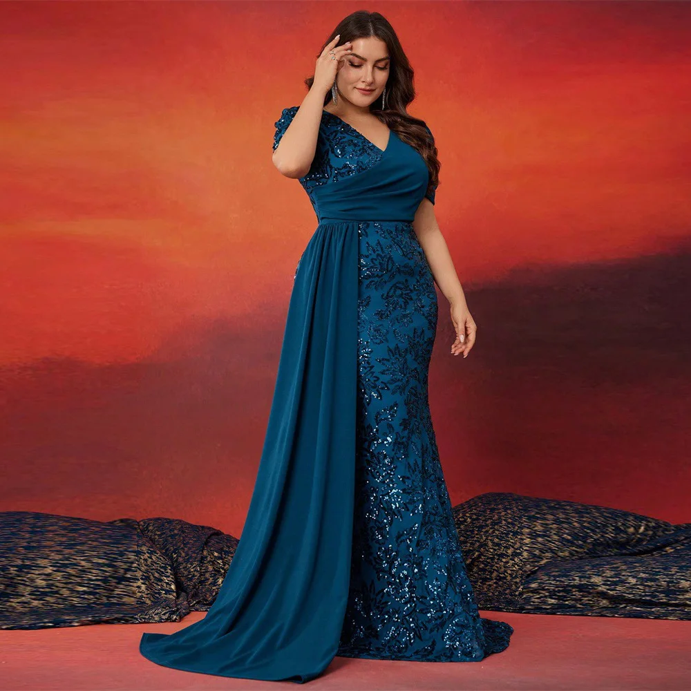 DEERVEADO Women Plus Size Evening Dresses Elegant Mermaid V-Neck Party Maxi Dresses Formal Occasion Dress Long Evening Gown Gala