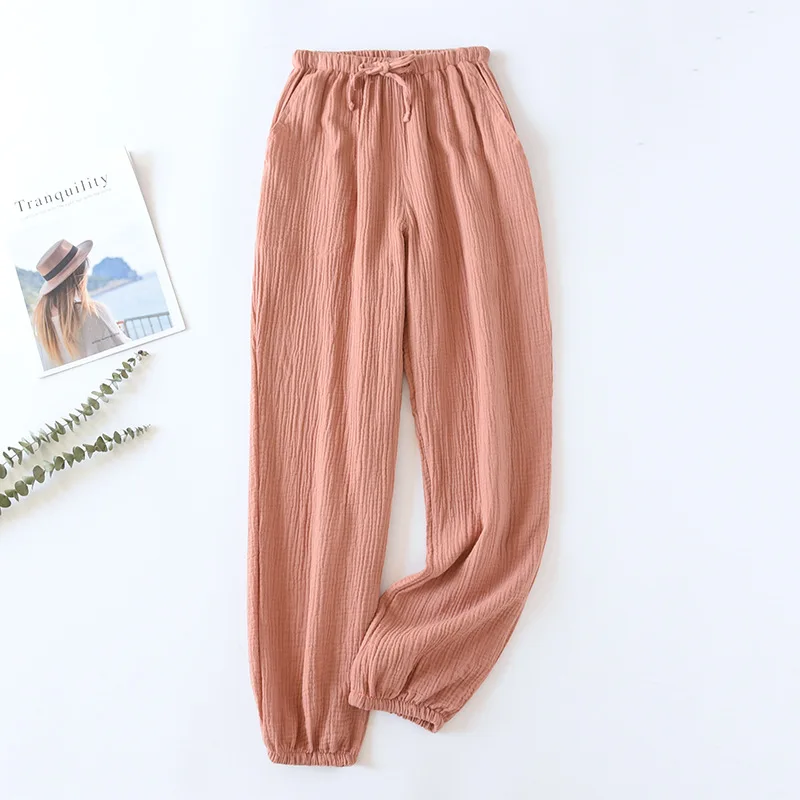 Japanese-style New Spring And Summer Women\'s Trousers 100% Cotton Crepe Cloth Large Size Color Tie Pants Casual Pants Home Pants