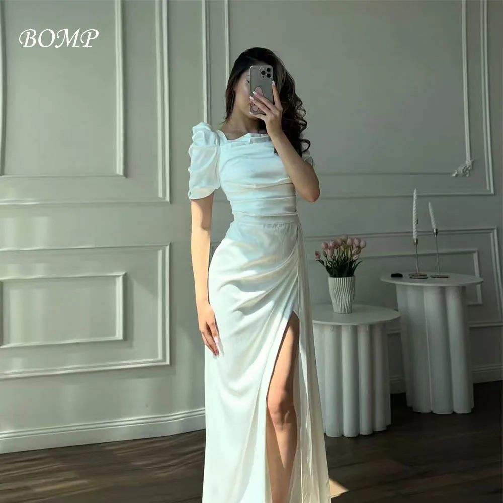 

BOMP Elegant Pleat Wedding Party Dress Square Collar Short Sleeves Mermaid Floor Length Side Slit Satin Evening Dresses Custom