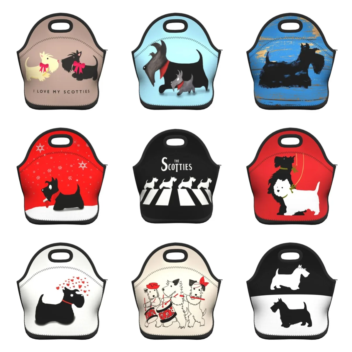 

Scottie Dog Love Hearts Neoprene Lunch Box Multifunction Scottish Terrier Cooler Thermal Food Insulated Lunch Bag Office Work