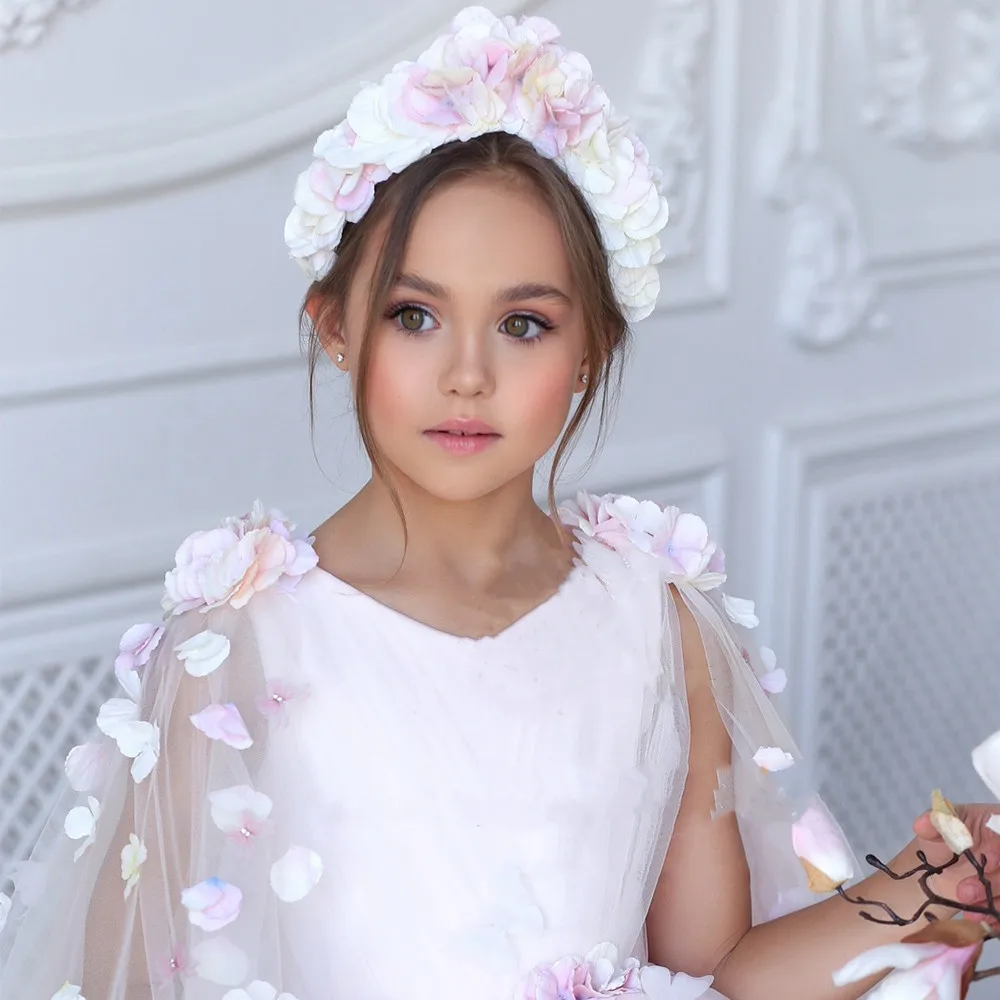 Elegant ดอกไม้สาวชุดสําหรับงานแต่งงาน Tulle Fluffy 3D Applique แขนกุดเจ้าหญิงเด็กวันเกิด Party Beauty Pageant Ball Gowns