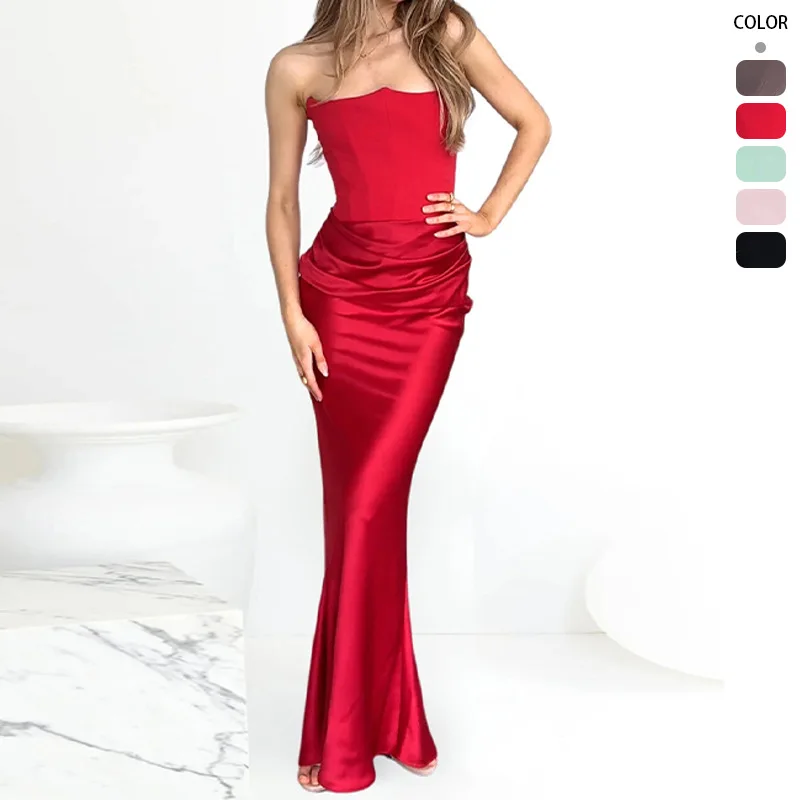 

2026 New Red Strapless Fishbone Sexy Slim Fit Mermaid Tail Long Solid Color Dress For Women