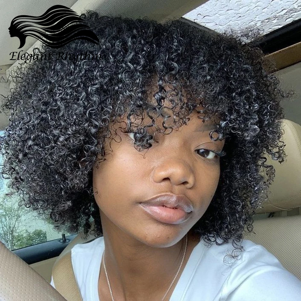 200 Density Ready to Go Jerry Curl Fringe Glueless Wig Full Machine Made Afro Kinky Curly Brazilian Human Hair Wigs With Bangs