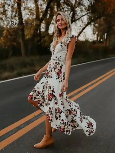 Verão novo feminino elegante vintage boho longo maxi vestido sexy sem costas festa praia vestido floral