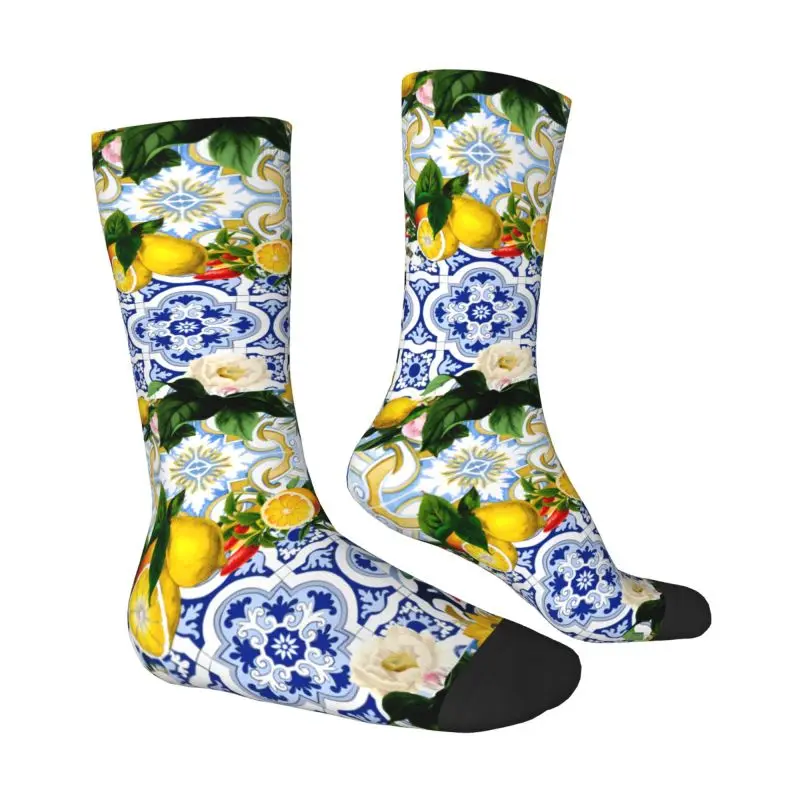 Custom Kawaii Mediterranean Style Lemons Citrus Sicilian Tiles Socks Women Men Warm 3D Printing Sports Football Socks