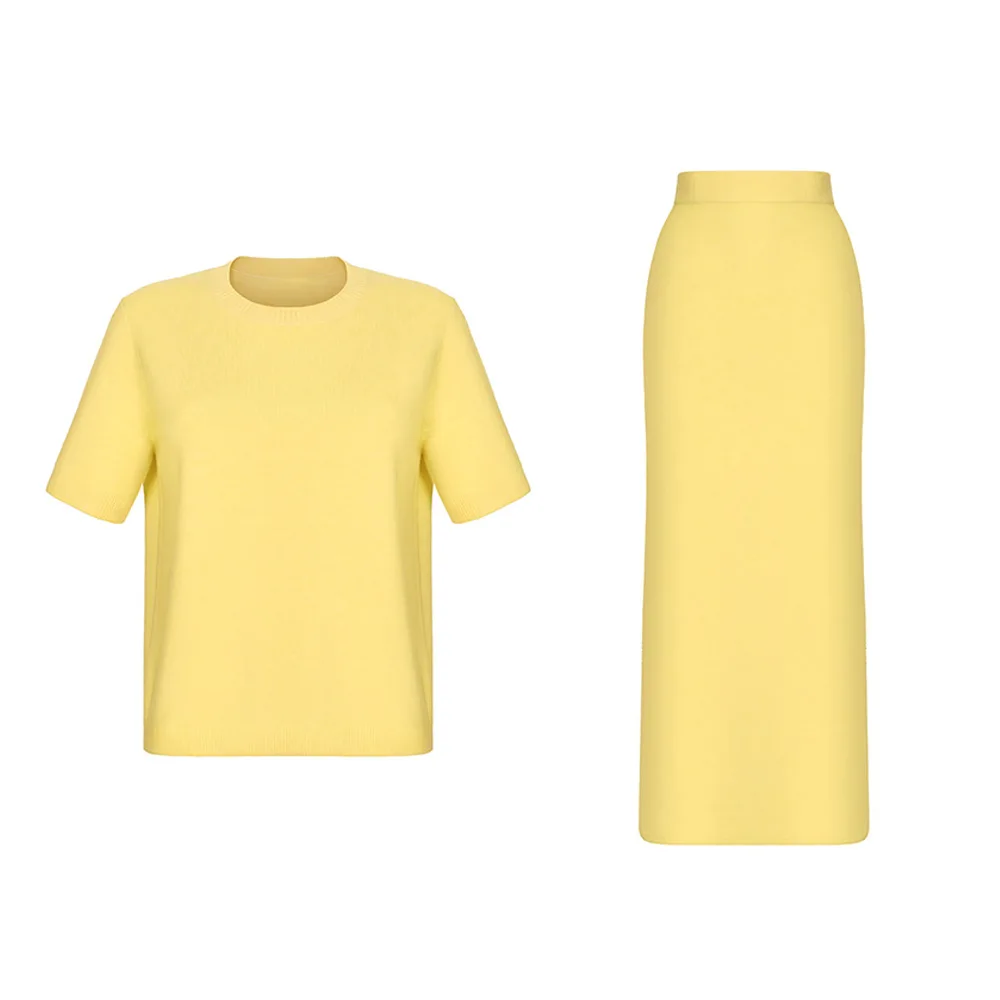 Head Over Short Sleeved Half Body Long Skirt Set 2025 Summer New Knitted Set Solid Color Minimalist Set