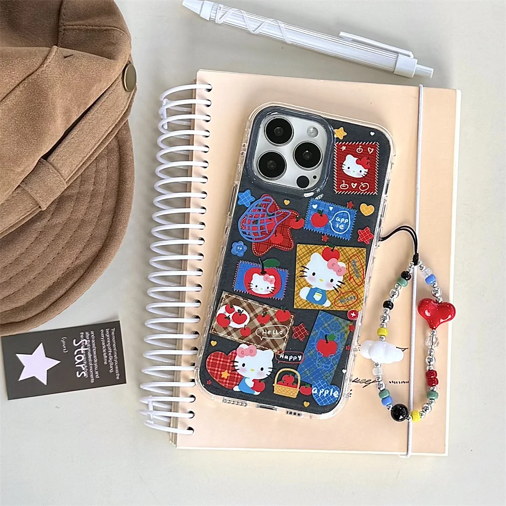 

Fashion denim plaid Hellokitty kawaii phone case for iPhone 17 Pro Max 13 14 15 16 Pro cover with Chain Fundas cute Cases For 17