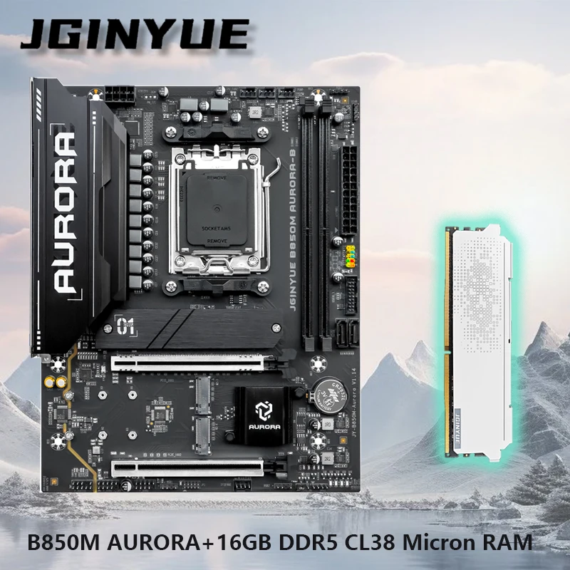 Combo de placa base JGINYUE B850M AURORA-B M-ATX para AMD ®   PC de Escritorio Ryzen Serie 7/8/9000, Kit de RAM DDR5 de 16 GB, Ranura PCIe 5.0 M.2 x3