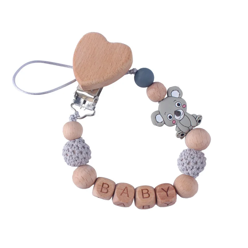 Baby Custom Name Koala Silicone Beads Heart Pacifier Clips Safe Teething Chains Teether Eco-friendly Dummy Beech Clips Holder