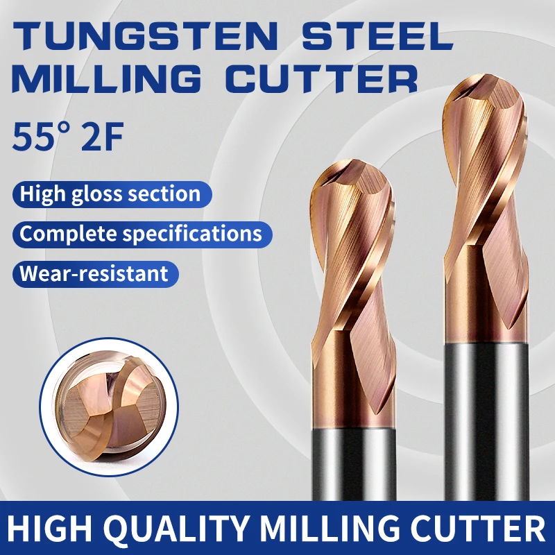 Fraise à bout sphérique en carbure de tungstène pour routeur CNC, outil de fraisage R0.5 6mm 8mm 10mm HRC 55 2 flûtes