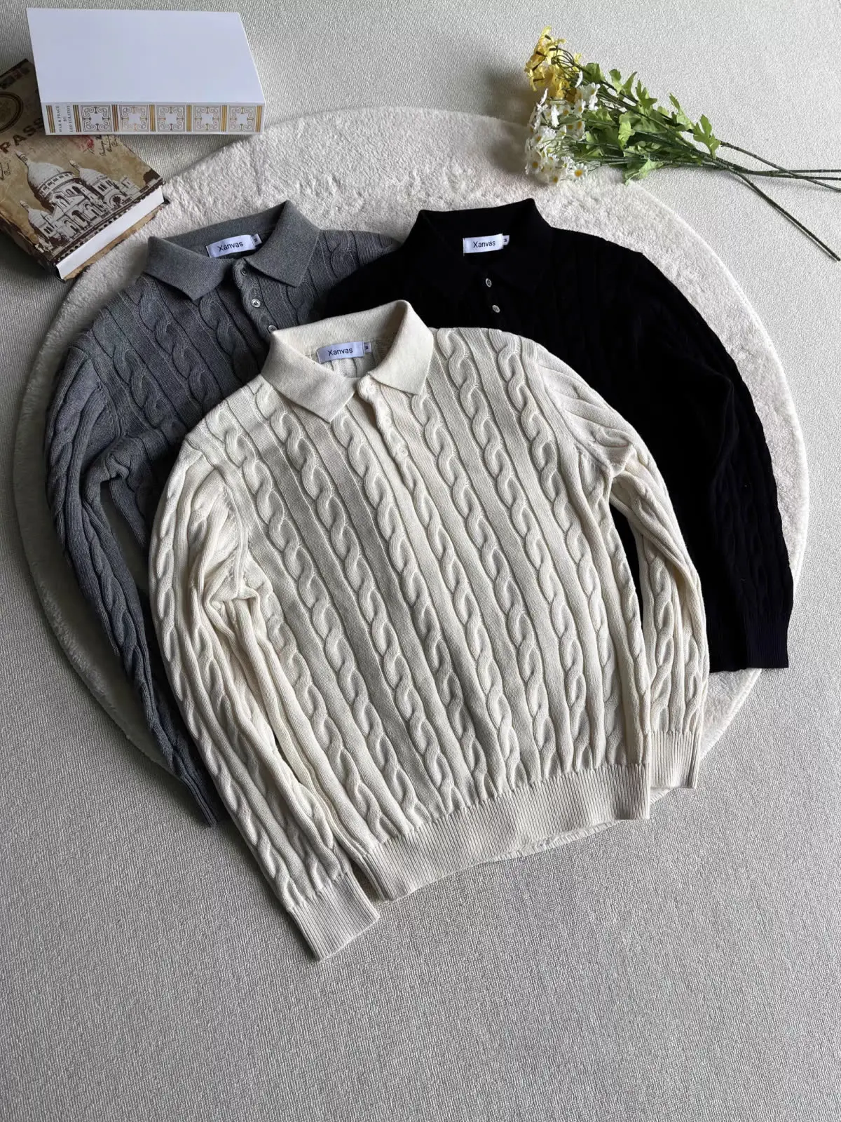 

2025 Winter Half High Collar Fried Dough Twists Knitted Sweater Men's Fashion Wool Undercoat Top