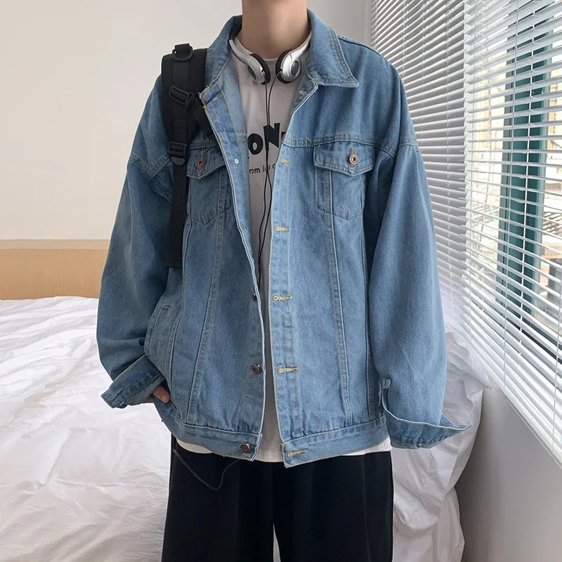 Black Denim Short Jacket Men Turn Down Collar Bomber Jacket Jeans Coats Casual Pockets Overalls Streetwear Man Clothing Outwear