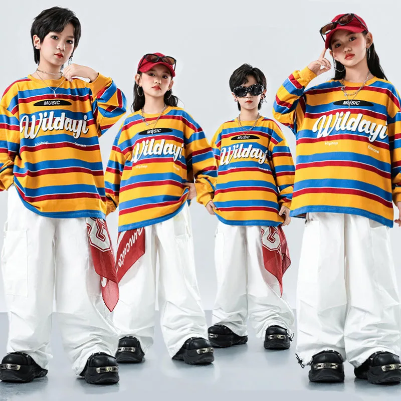 Kind Kpop Hip Hop Kleidung Orange Gestreiftes Sweatshirt Top Weiß Straße Fallschirm Cargo Hosen für Mädchen Junge Tanz Kostüme Kleidung