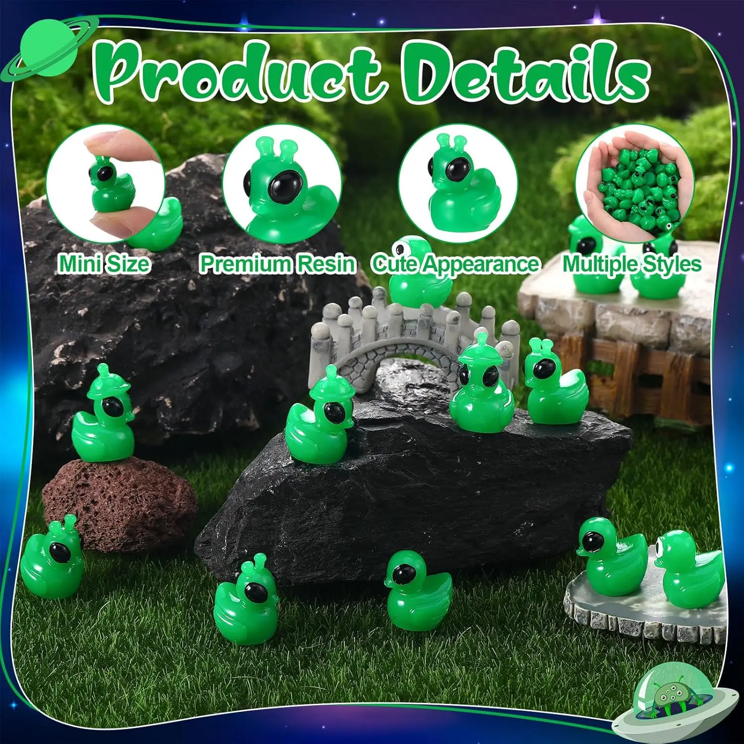 24 Stück Mini-Alien-Enten in 4 Stilen, Grüne Harz-Enten, Mini-Alien-Figuren, Miniatur-Figurinen, Winzige Alien-Enten für Garten und Landschaftsgestaltung – Detail 7