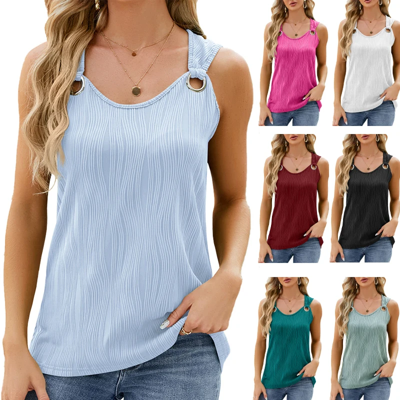 

Women's Tops Summer Fashion Round Neck Tank Loose Casual Metal Buckle Sleeveless Blouse T Shirt for Women