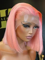 Rose Pink Short Colored Bob Human Hair Wigs Brazilian 13X4 Straight Lace Front Wigs Transparent Lace Pre Plucked Colored Wig