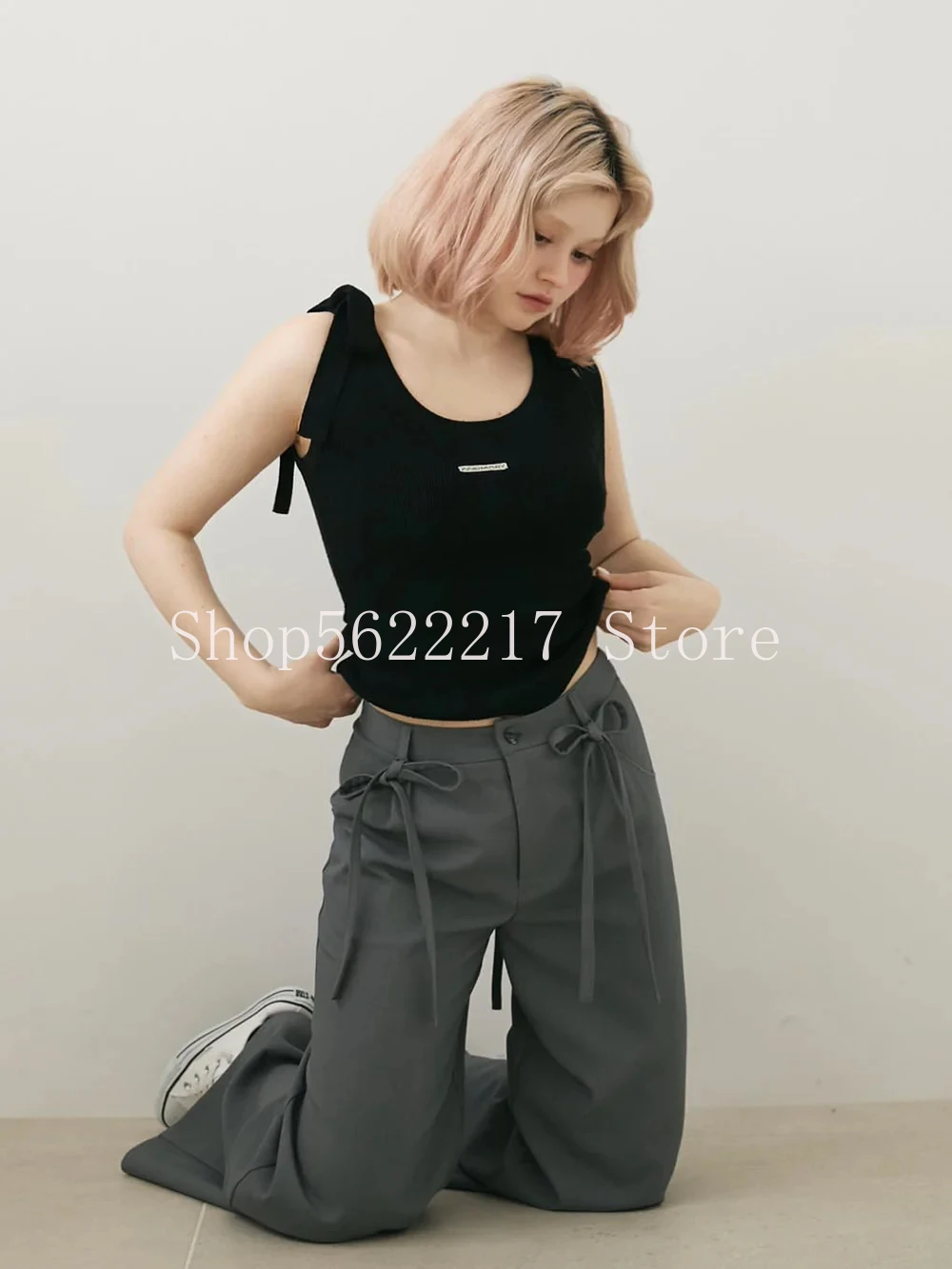 

Японский стиль Spice Girls на шнуровке с бантом и высокой талией, укороченный топ для похудения, новые весенне-летние женские вязаные майки без рукавов