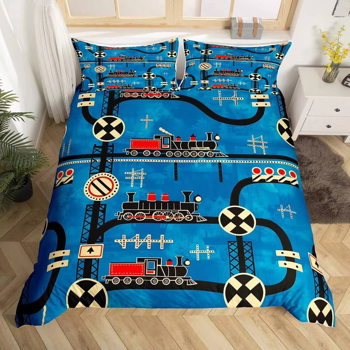 Cartoon Train Bedding Set Full Queen King Vintage Steam Engine Comforter Cover, Travel Railway Track Transportation Duvet Cover