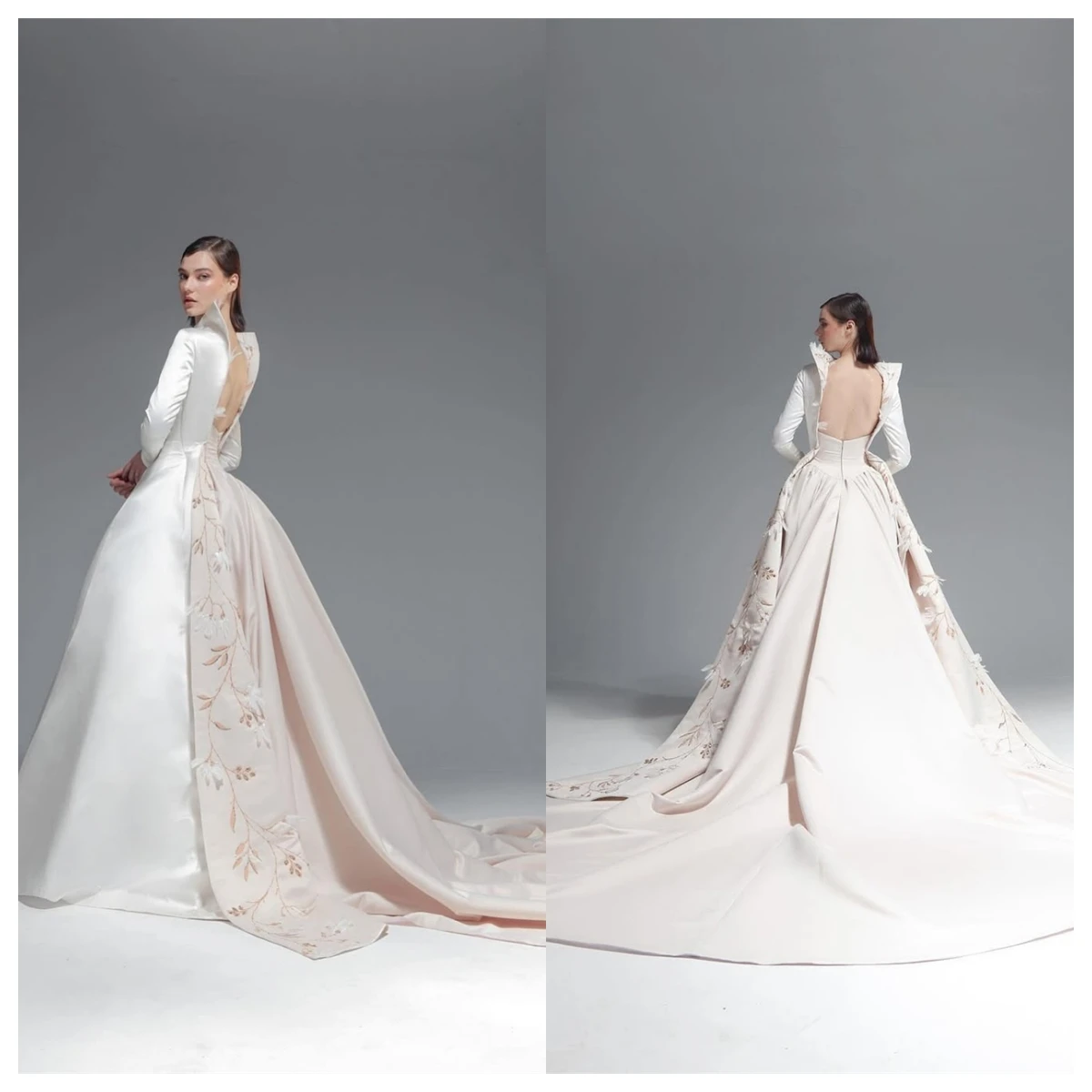 Vestido de noite de cetim branco temperamento personalizado, gola redonda, mangas compridas, vestidos de celebridades, alta qualidade, costas abertas