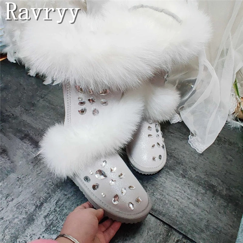 Bling Crystal Fur Genuine Leather Women Boots Handmade Custom Luxury Rhinestones Thick Sole White Snow Boots